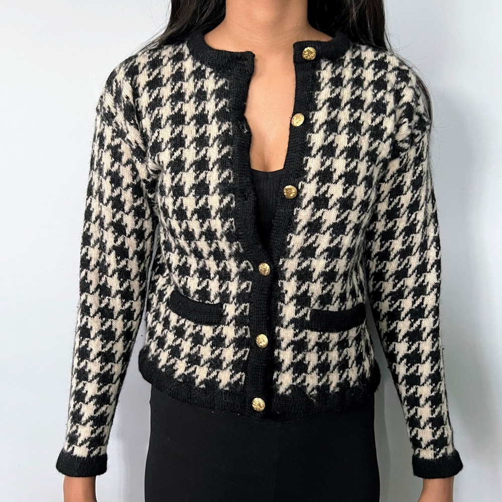 Vintage Jayson Younger Houndstooth Wool Cardigan Sweater Gold Crest Buttons Smal